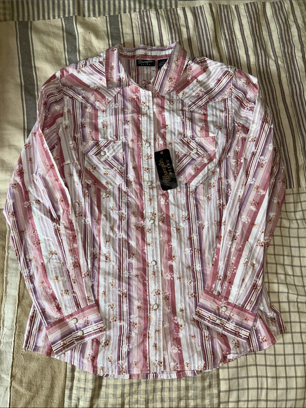 Wrangler Pink and White Striped Floral Western Shirt